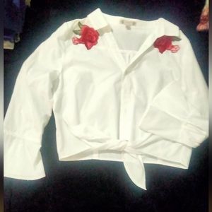 White cotton, polyester mid length long sleeve top